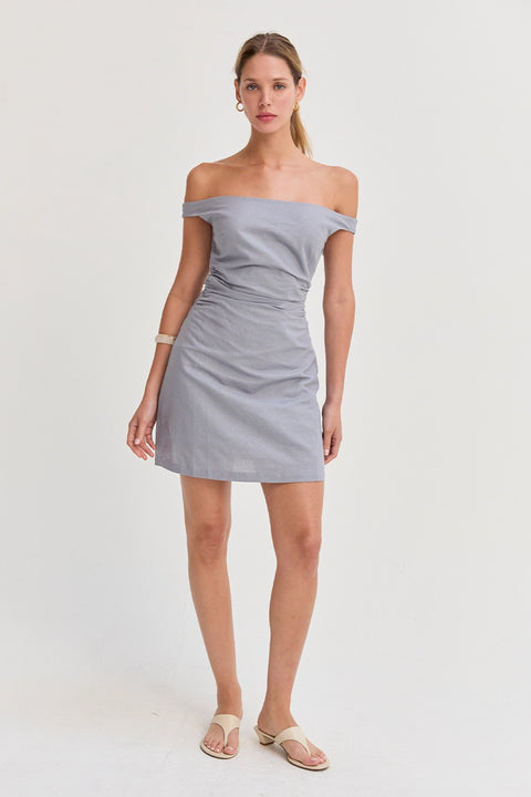 Linen Blend Off Shoulder Side Ruched Mini Dress - Light Blue