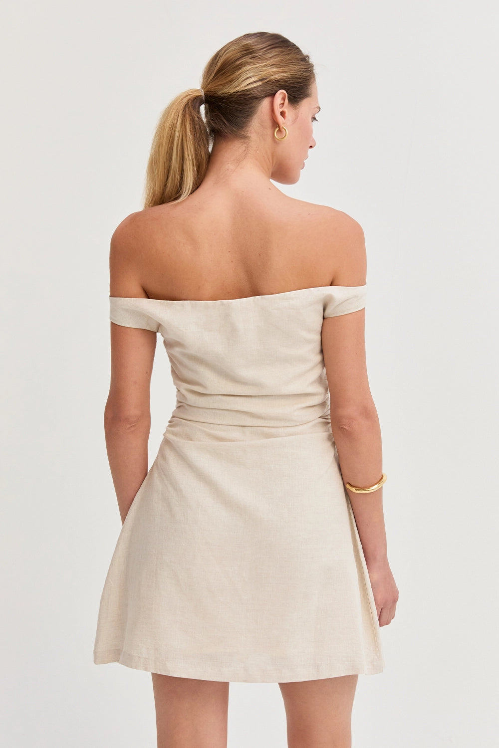 Linen Blend Off Shoulder Side Ruched Mini Dress - Oatmeal