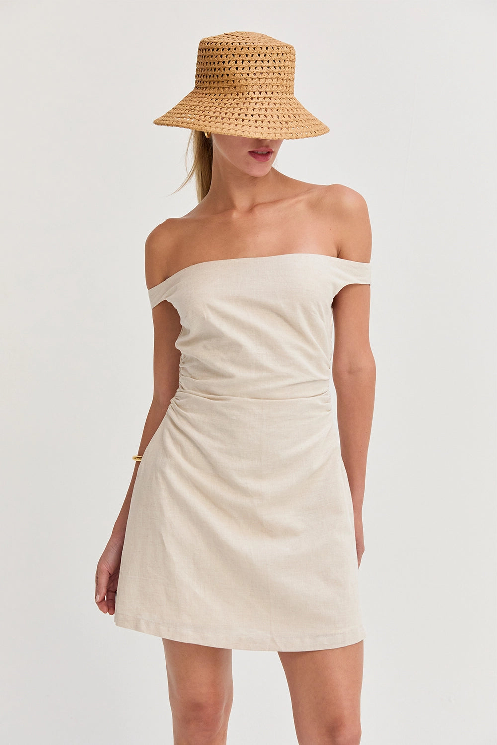Linen Blend Off Shoulder Side Ruched Mini Dress - Oatmeal