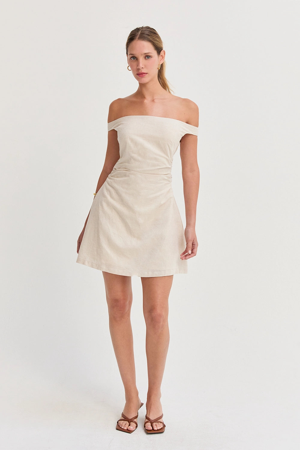 Linen Blend Off Shoulder Side Ruched Mini Dress - Oatmeal