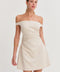 Linen Blend Off Shoulder Side Ruched Mini Dress - Oatmeal