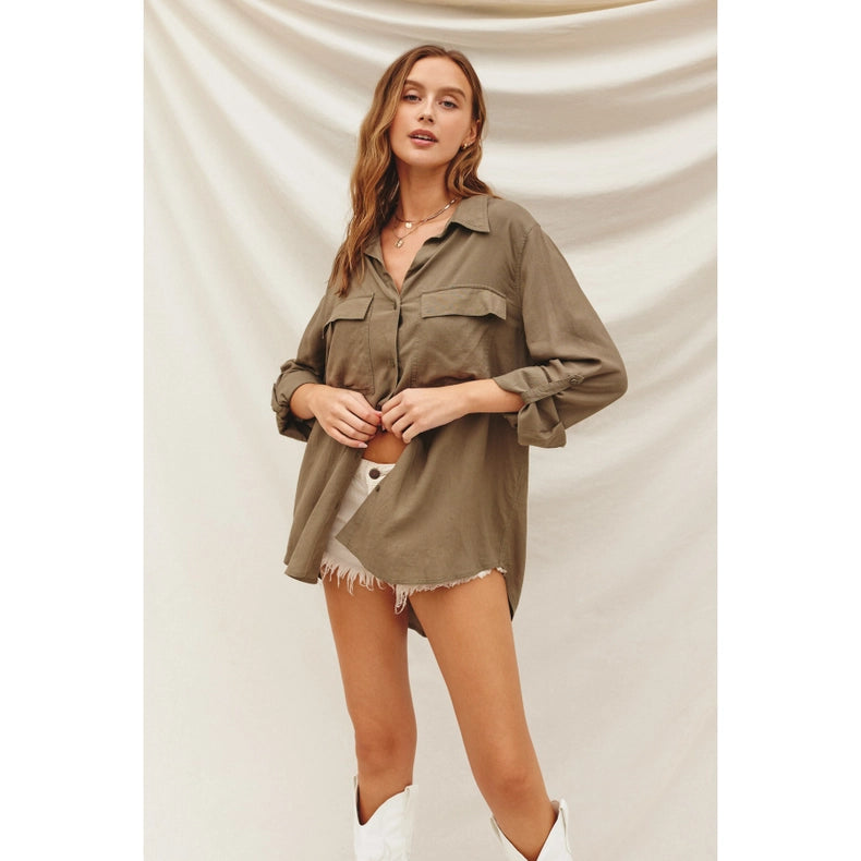Linen Blend Relaxed Shirt OLIVE GREY-Shirt-Dress Forum-S-OLIVE GREY-Urbanheer