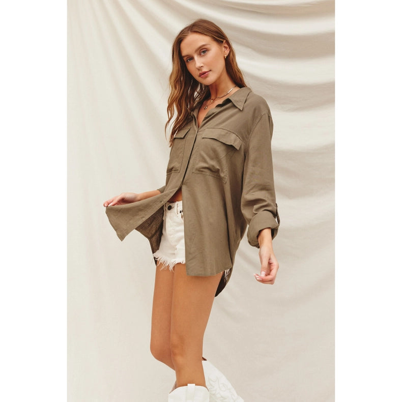 Linen Blend Relaxed Shirt OLIVE GREY-Shirt-Dress Forum-S-OLIVE GREY-Urbanheer