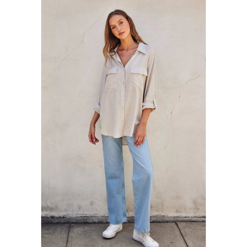 Linen Blend Relaxed Shirt PEBBLE-Shirt-Dress Forum-S-PEBBLE-Urbanheer