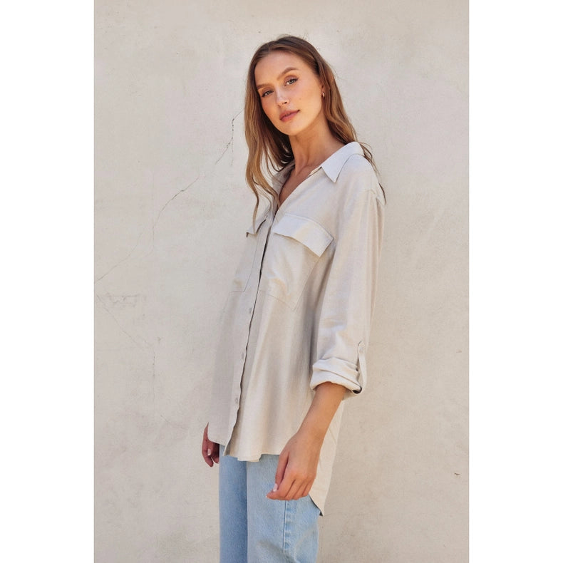 Linen Blend Relaxed Shirt PEBBLE-Shirt-Dress Forum-S-PEBBLE-Urbanheer