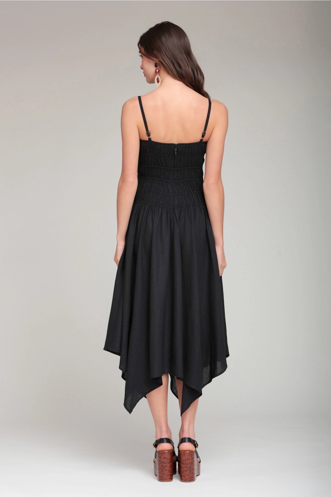 Linen Blend Shirred Handkerchief Hem Midi Dress - Black