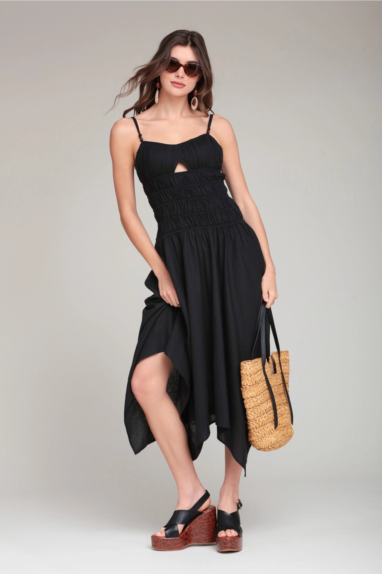 Linen Blend Shirred Handkerchief Hem Midi Dress - Black