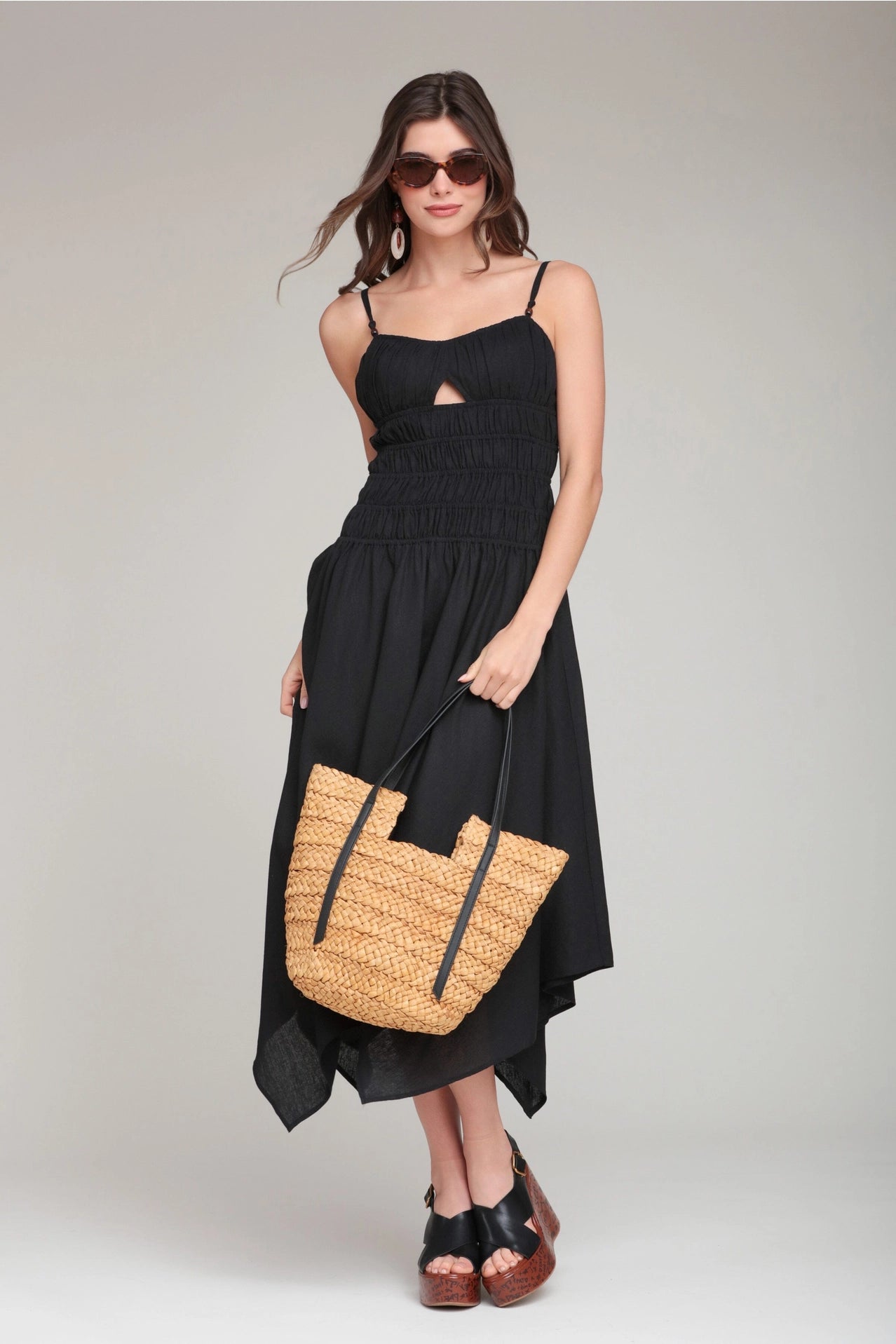 Linen Blend Shirred Handkerchief Hem Midi Dress - Black