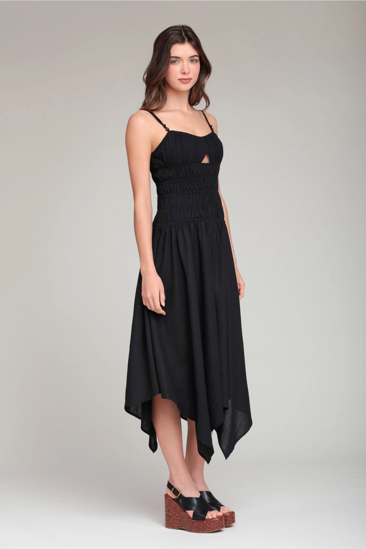 Linen Blend Shirred Handkerchief Hem Midi Dress - Black
