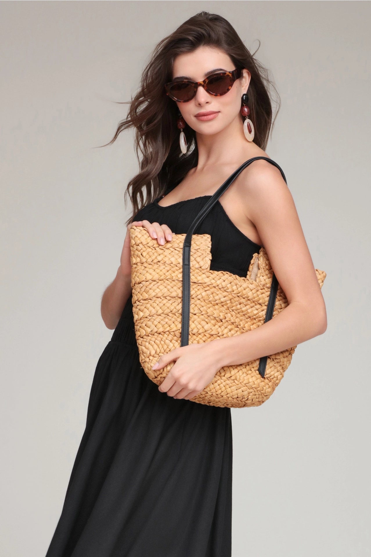 Linen Blend Shirred Handkerchief Hem Midi Dress - Black