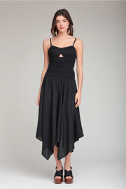 Linen Blend Shirred Handkerchief Hem Midi Dress - Black