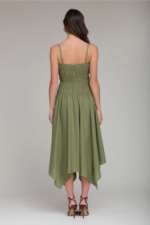 Linen Blend Shirred Handkerchief Hem Midi Dress - Green