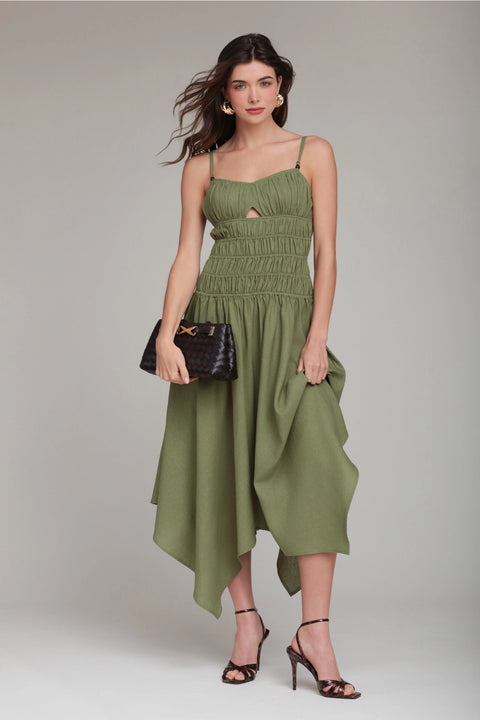 Linen Blend Shirred Handkerchief Hem Midi Dress - Green