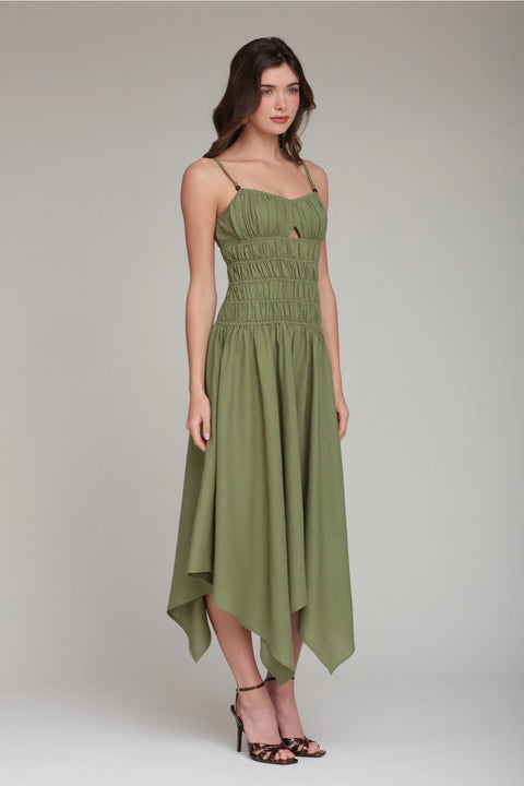 Linen Blend Shirred Handkerchief Hem Midi Dress - Green
