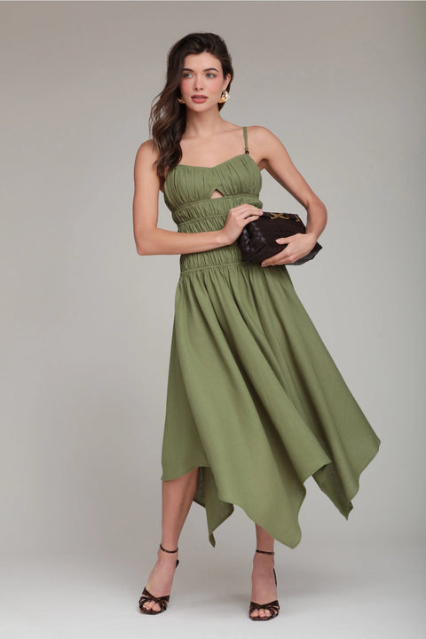 Linen Blend Shirred Handkerchief Hem Midi Dress - Green