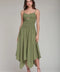 Linen Blend Shirred Handkerchief Hem Midi Dress - Green