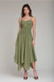 Linen Blend Shirred Handkerchief Hem Midi Dress - Green
