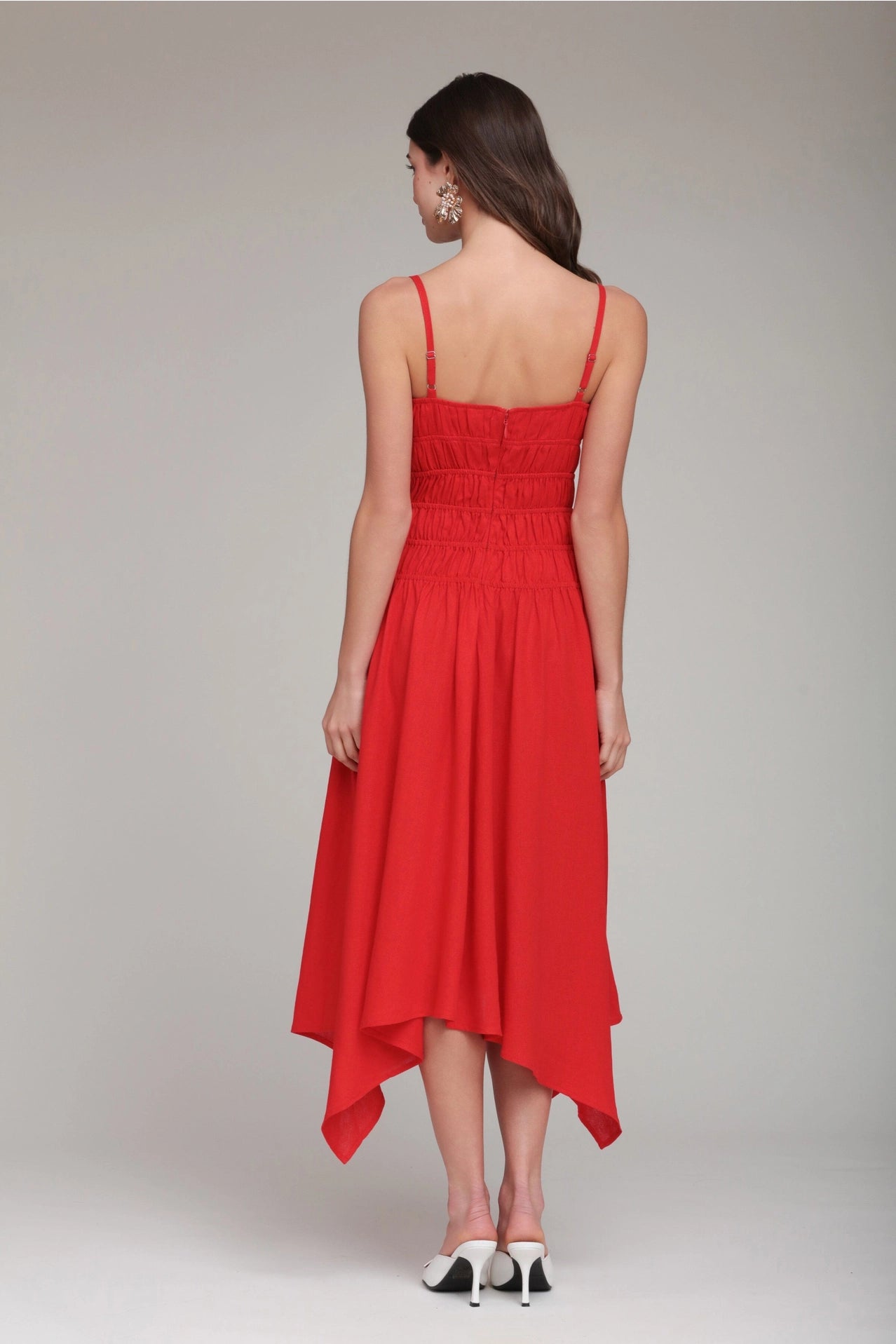 Linen Blend Shirred Handkerchief Hem Midi Dress - Hot Red