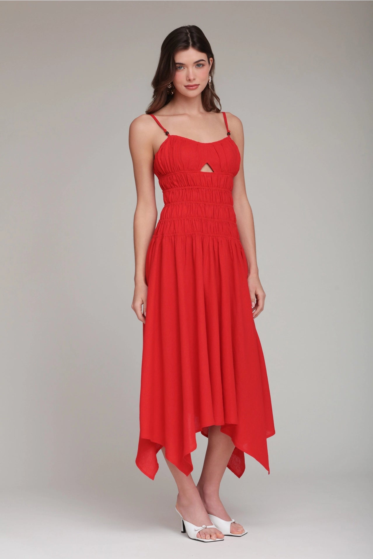 Linen Blend Shirred Handkerchief Hem Midi Dress - Hot Red