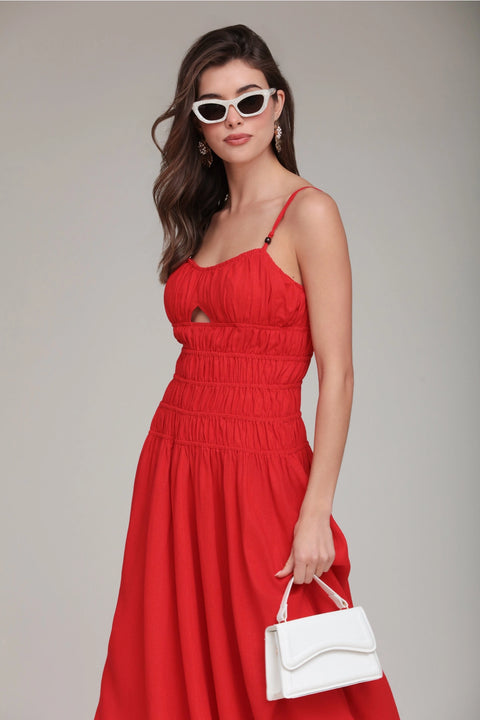 Linen Blend Shirred Handkerchief Hem Midi Dress - Hot Red