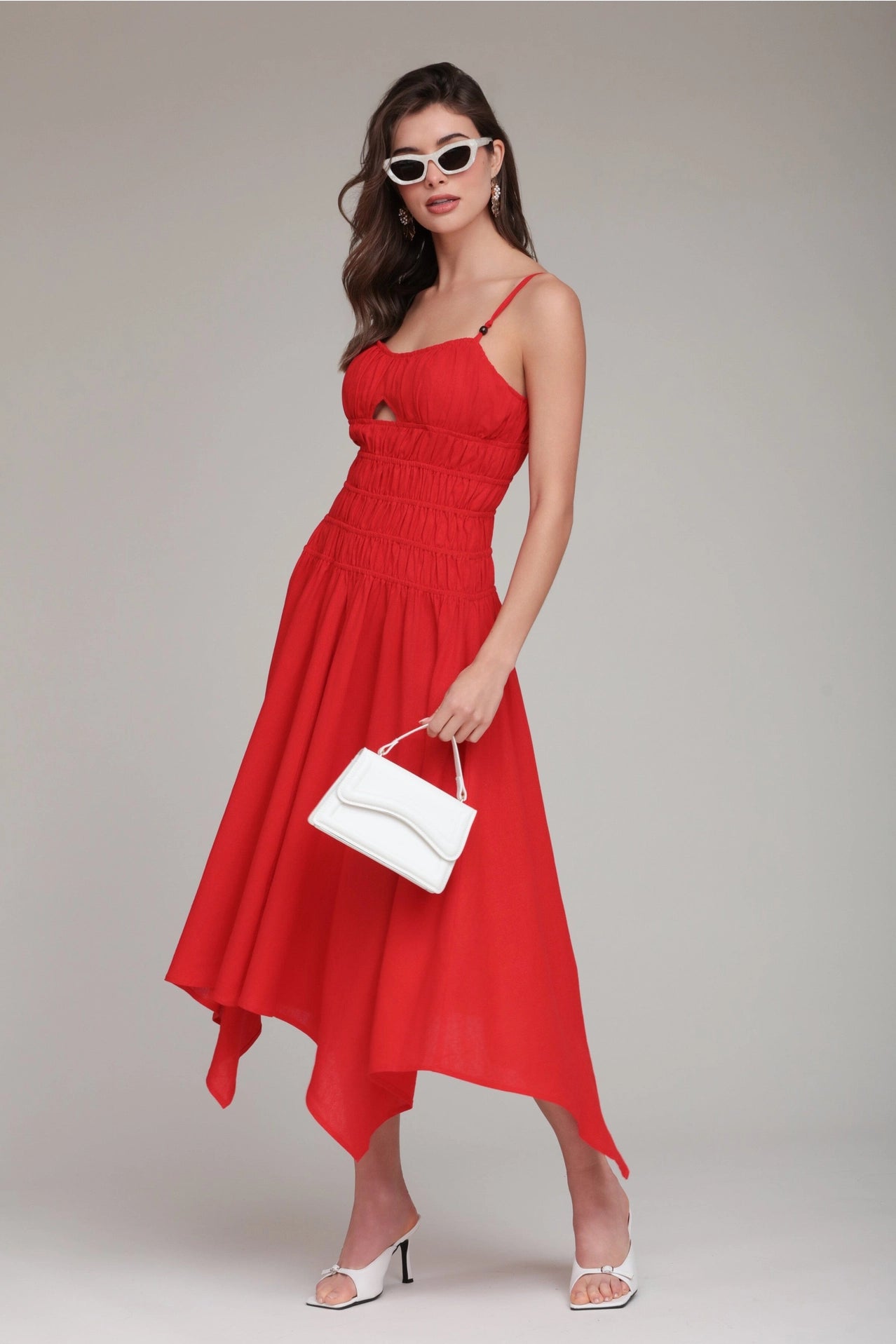 Linen Blend Shirred Handkerchief Hem Midi Dress - Hot Red