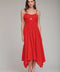 Linen Blend Shirred Handkerchief Hem Midi Dress - Hot Red