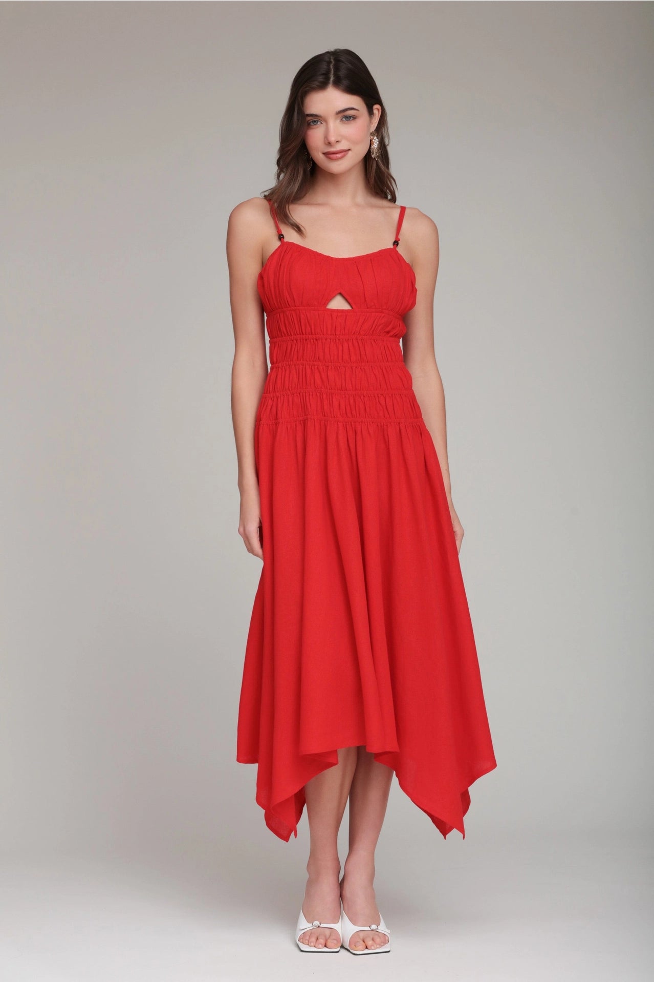 Linen Blend Shirred Handkerchief Hem Midi Dress - Hot Red