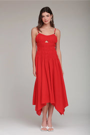 Linen Blend Shirred Handkerchief Hem Midi Dress - Hot Red