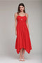Linen Blend Shirred Handkerchief Hem Midi Dress - Hot Red