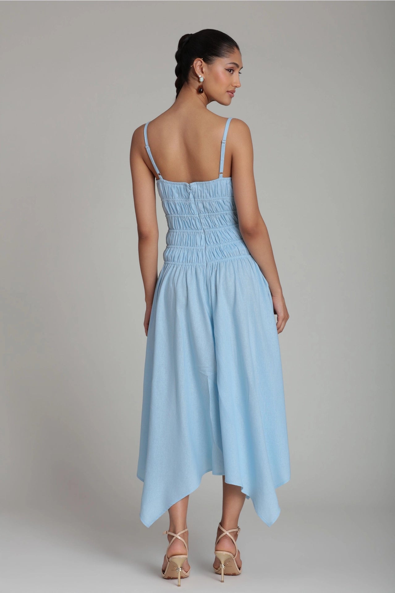 Linen Blend Shirred Handkerchief Hem Midi Dress - Light Blue