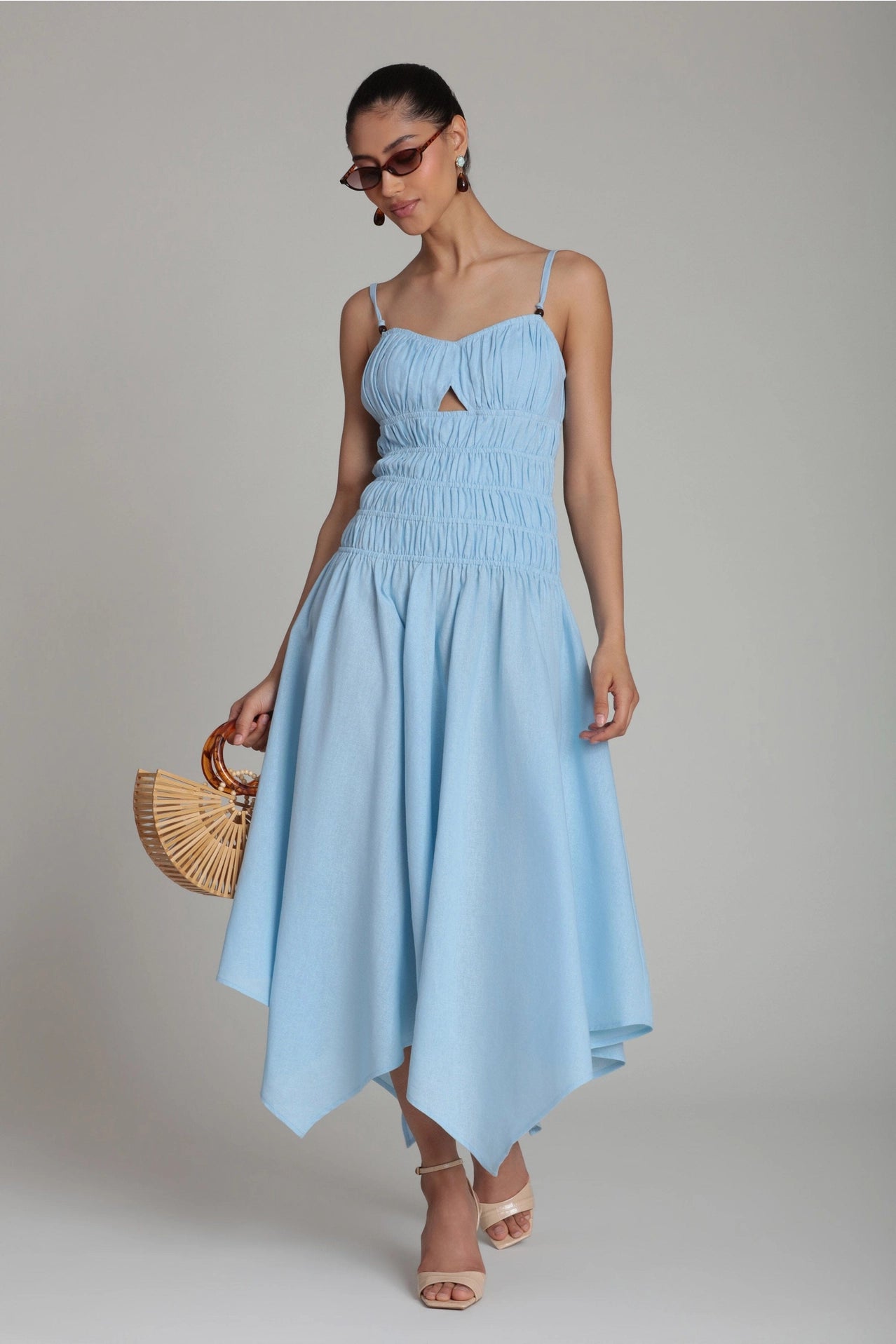 Linen Blend Shirred Handkerchief Hem Midi Dress - Light Blue