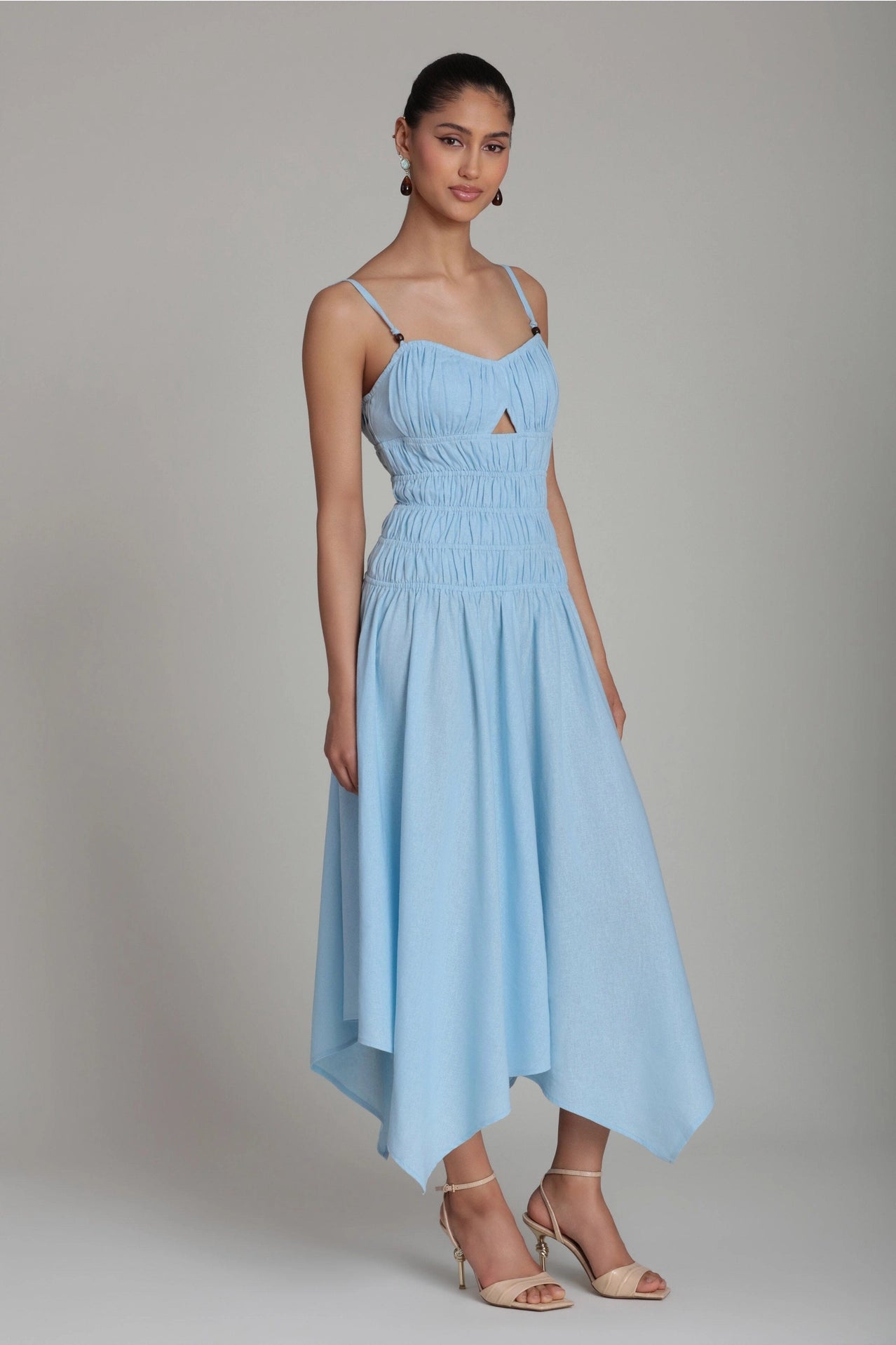 Linen Blend Shirred Handkerchief Hem Midi Dress - Light Blue