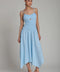 Linen Blend Shirred Handkerchief Hem Midi Dress - Light Blue