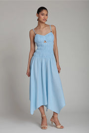 Linen Blend Shirred Handkerchief Hem Midi Dress - Light Blue