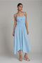 Linen Blend Shirred Handkerchief Hem Midi Dress - Light Blue