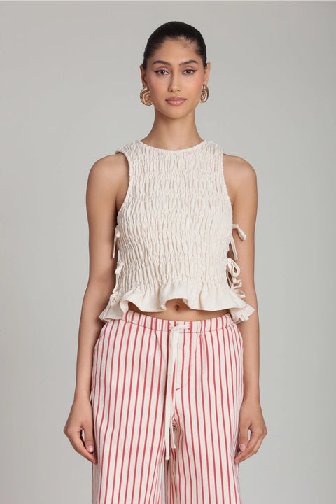 Linen Blend Side Tie Smoked Top
