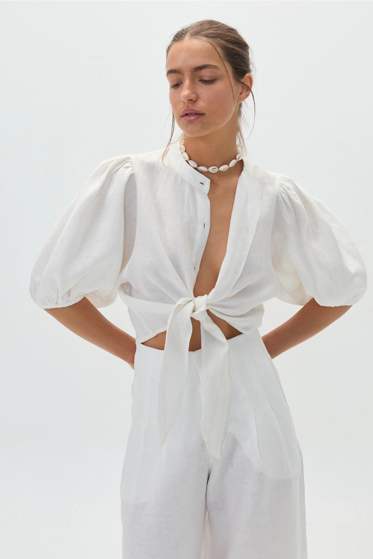 Linen Bubble Crop Top - White