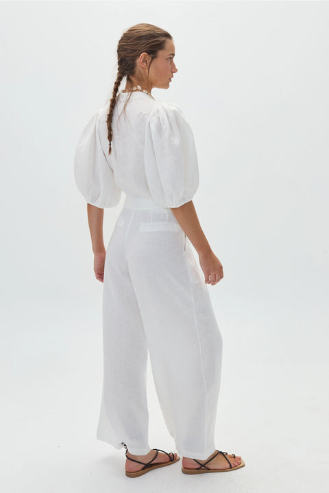 Linen Bubble Crop Top - White