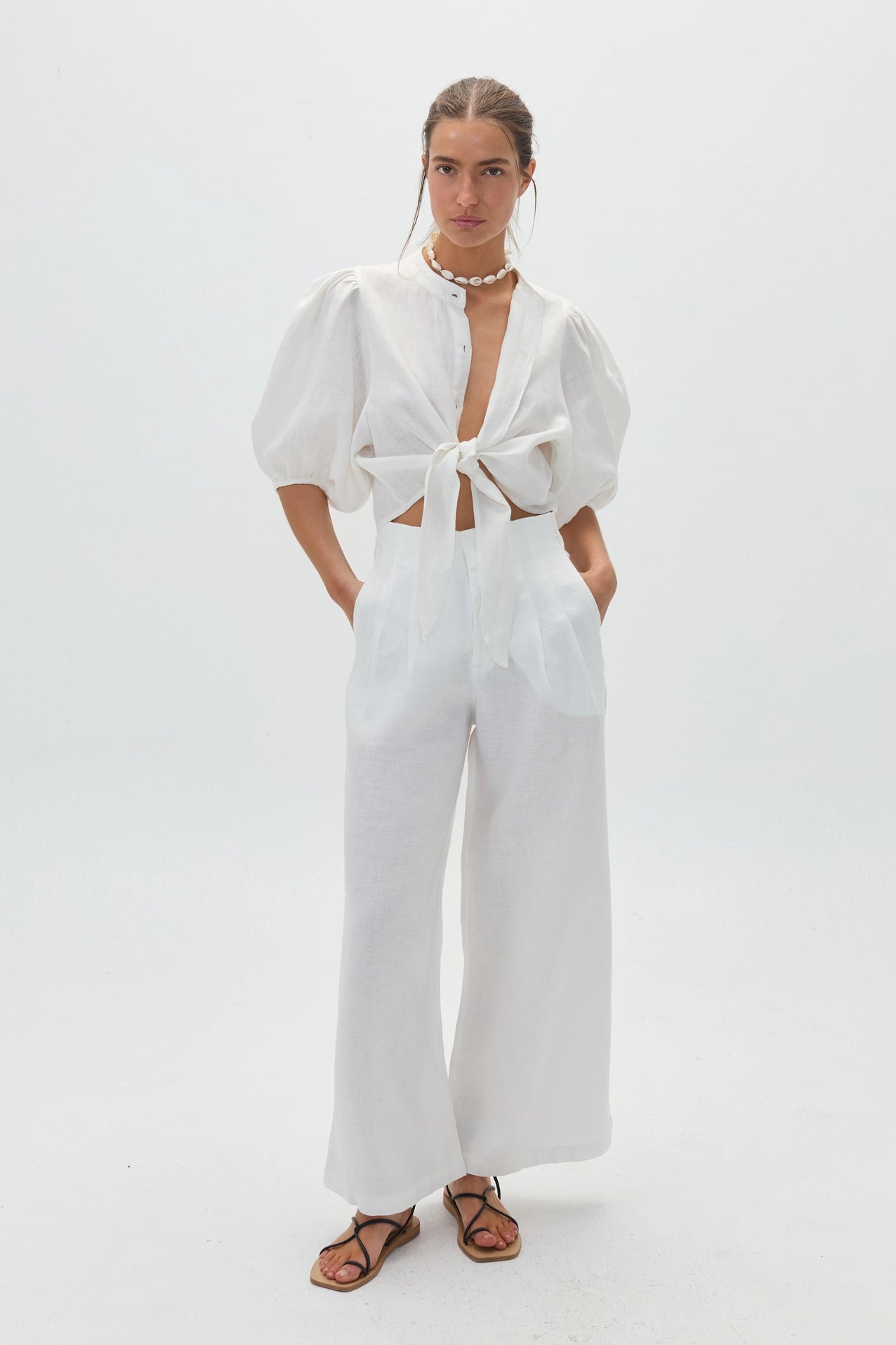 Linen Bubble Crop Top - White