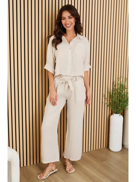 Linen Button Up Top with Front Pocket Beige-Top-MILIO MILANO-XS-Beige-Urbanheer