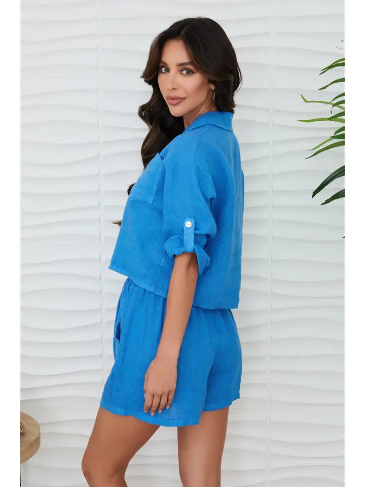 Linen Button Up Top with Front Pocket Blue Regatta-Top-MILIO MILANO-XS-Blue Regatta-Urbanheer