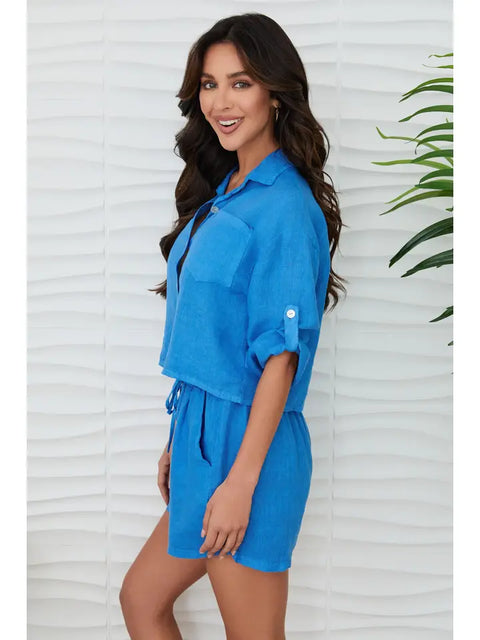 Linen Button Up Top with Front Pocket Blue Regatta-Top-MILIO MILANO-XS-Blue Regatta-Urbanheer