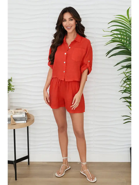 Linen Button Up Top with Front Pocket Red Flame-Top-MILIO MILANO-XS-Red Flame-Urbanheer