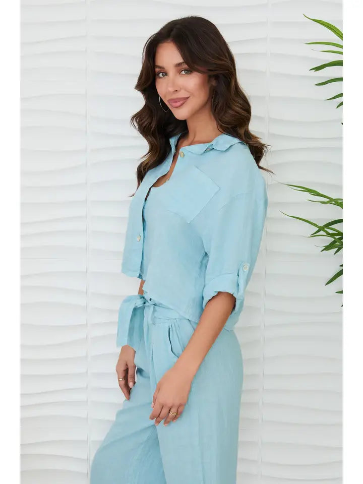 Linen Button Up Top with Front Pocket-Top-MILIO MILANO-XS-Blue Zuccero-Urbanheer