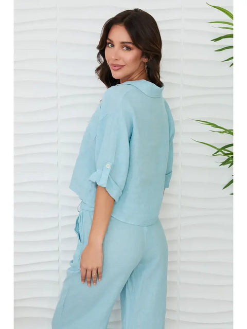 Linen Button Up Top with Front Pocket-Top-MILIO MILANO-XS-Blue Zuccero-Urbanheer