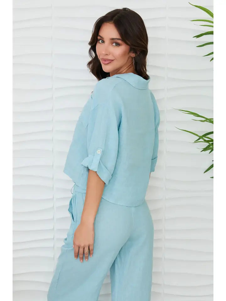 Linen Button Up Top with Front Pocket-Top-MILIO MILANO-XS-Blue Zuccero-Urbanheer