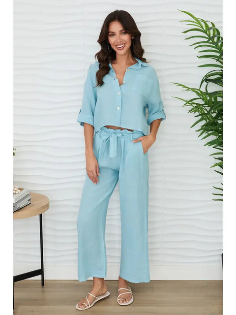 Linen Button Up Top with Front Pocket-Top-MILIO MILANO-XS-Blue Zuccero-Urbanheer