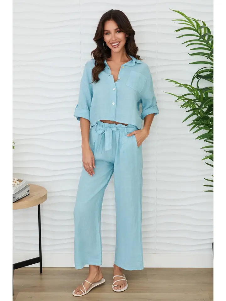 Linen Button Up Top with Front Pocket-Top-MILIO MILANO-XS-Blue Zuccero-Urbanheer