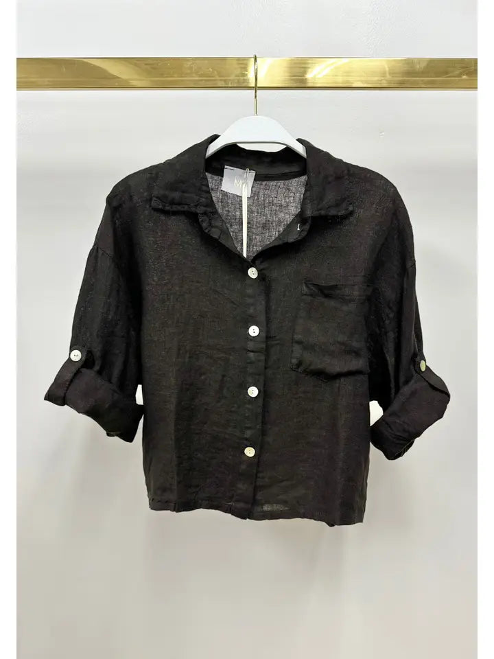 Linen Button Up Top with Front Pocket-Top-MILIO MILANO-XS-Black-Urbanheer