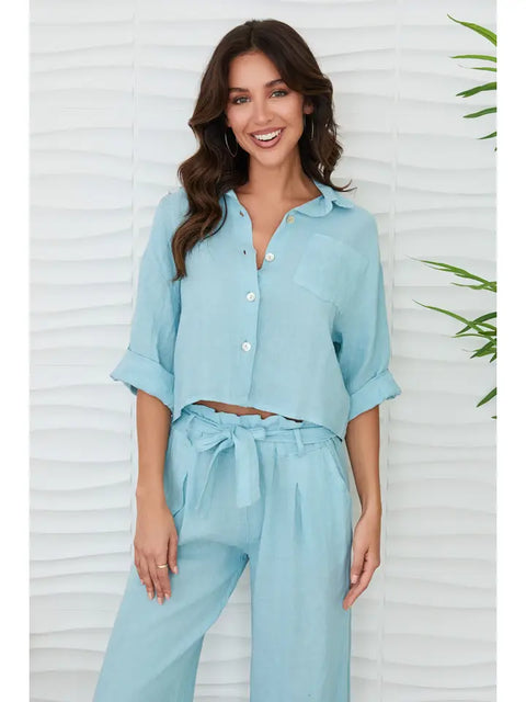 Linen Button Up Top with Front Pocket-Top-MILIO MILANO-XS-Blue Zuccero-Urbanheer